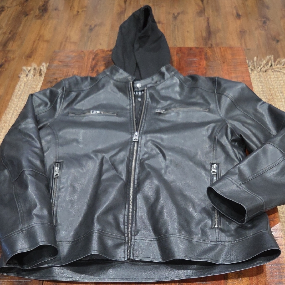 Guess Men's Black Hooded Vegan Leather Jacket